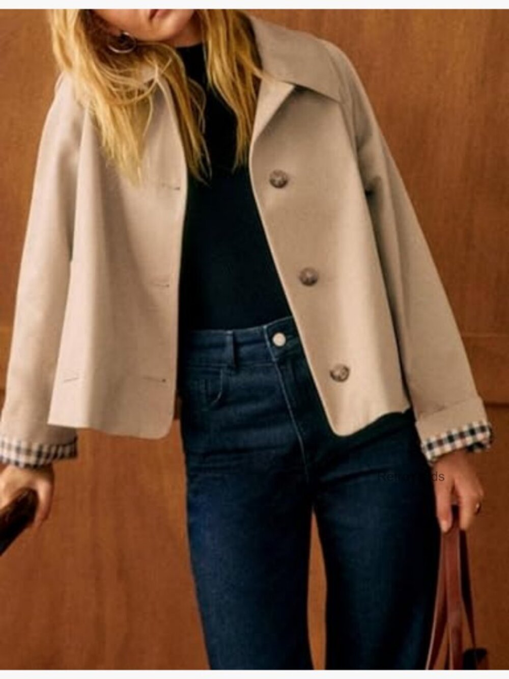 Oversize Crop Trench Coat Plaid Lining Button Down Pockets - Picture 2 of 7